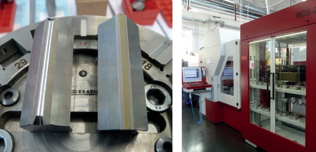A sinistra particolari lavorati e al centro macchina e sistema di caricamento pallet
